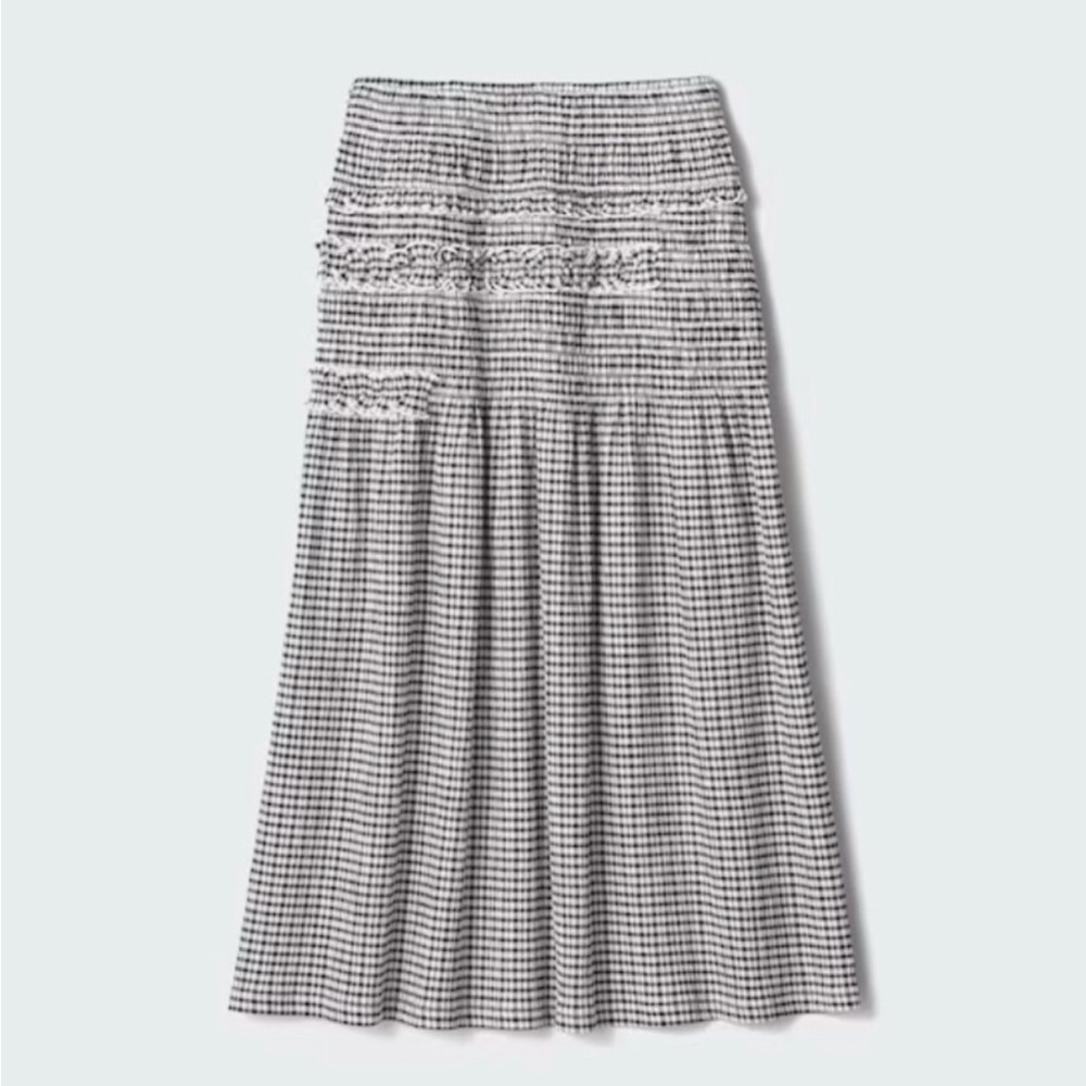 Cecilie Bahnsen x Uniqlo Shirring Gingham Midi Skirt Smocked Size XL Ruffles